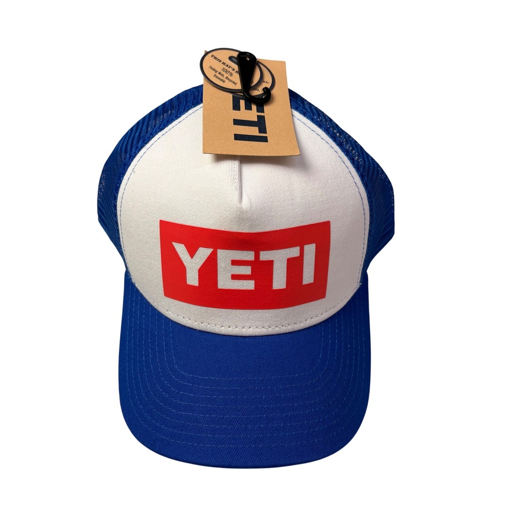 YETI Blue White Mesh Trucker Hat Built For The Wild Adjustable Snapback